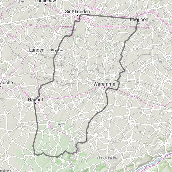 Karten-Miniaturansicht der Radinspiration "Hügelige Straßen rund um Borgloon" in Prov. Limburg (BE), Belgium. Erstellt vom Tarmacs.app-Routenplaner für Radtouren