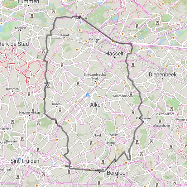 Map miniature of "Rural Road Loop" cycling inspiration in Prov. Limburg (BE), Belgium. Generated by Tarmacs.app cycling route planner