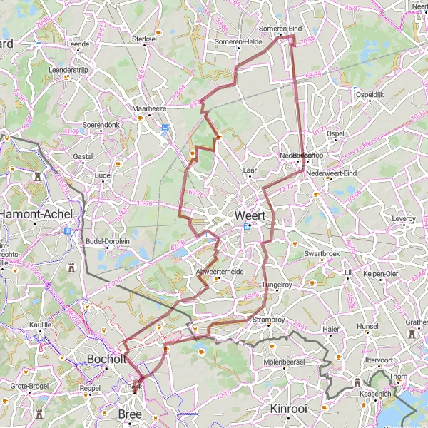 Miniatuurkaart van de fietsinspiratie "Gravelroute Grashut - Someren-Eind - Vogelkijkhut De IJsvogel" in Prov. Limburg (BE), Belgium. Gemaakt door de Tarmacs.app fietsrouteplanner