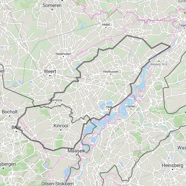 Map miniature of "The Bree Adventure Loop" cycling inspiration in Prov. Limburg (BE), Belgium. Generated by Tarmacs.app cycling route planner