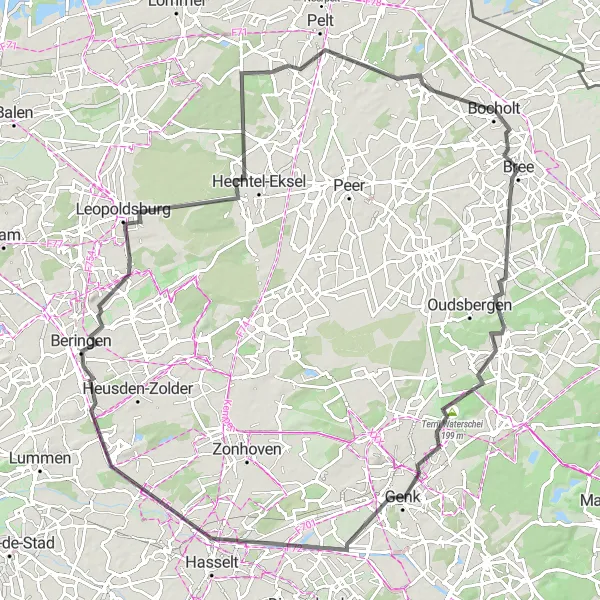 Miniature de la carte de l'inspiration cycliste "Le Défi de Bree et Leopoldsburg" dans la Prov. Limburg (BE), Belgium. Générée par le planificateur d'itinéraire cycliste Tarmacs.app