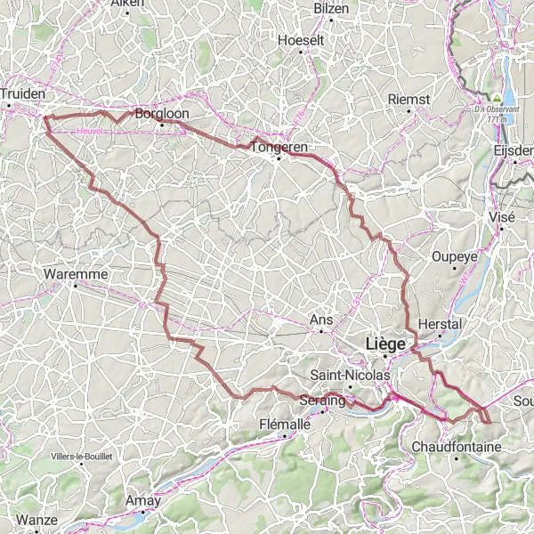 Map miniature of "Brustem Epic Gravel Route" cycling inspiration in Prov. Limburg (BE), Belgium. Generated by Tarmacs.app cycling route planner