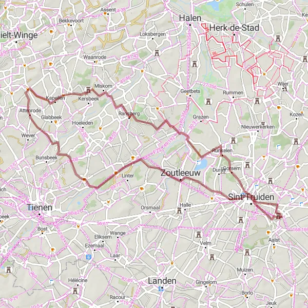 Map miniature of "The Gravel Escape" cycling inspiration in Prov. Limburg (BE), Belgium. Generated by Tarmacs.app cycling route planner