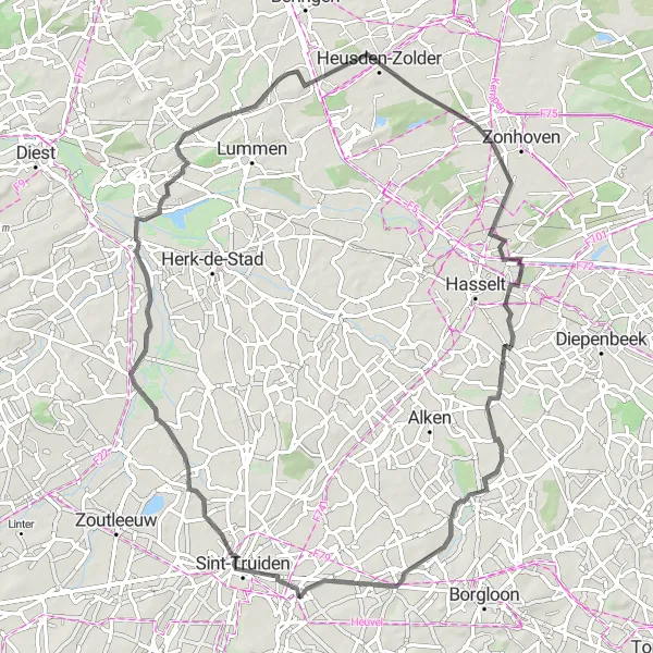 Map miniature of "Brustem Road Cycling Adventure" cycling inspiration in Prov. Limburg (BE), Belgium. Generated by Tarmacs.app cycling route planner