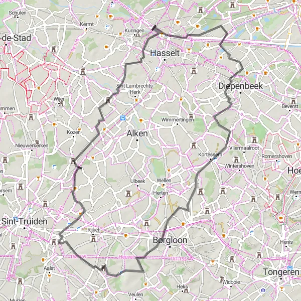 Map miniature of "The Scenic Loop" cycling inspiration in Prov. Limburg (BE), Belgium. Generated by Tarmacs.app cycling route planner