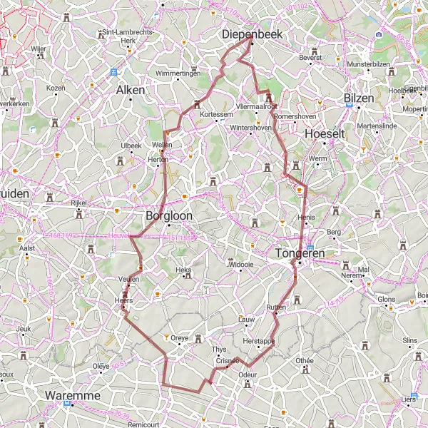 Map miniature of "Diepenbeek - Schalkhoven - Tongeren - Crisnée - Heers - Burcht van Loon - Borgloon - Kasteel van Diepenbeek" cycling inspiration in Prov. Limburg (BE), Belgium. Generated by Tarmacs.app cycling route planner