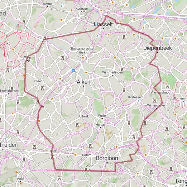 Miniatuurkaart van de fietsinspiratie "Kastelen en Bossen Gravelroute" in Prov. Limburg (BE), Belgium. Gemaakt door de Tarmacs.app fietsrouteplanner