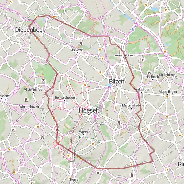 Map miniature of "Scenic Gravel Route to Reitje" cycling inspiration in Prov. Limburg (BE), Belgium. Generated by Tarmacs.app cycling route planner