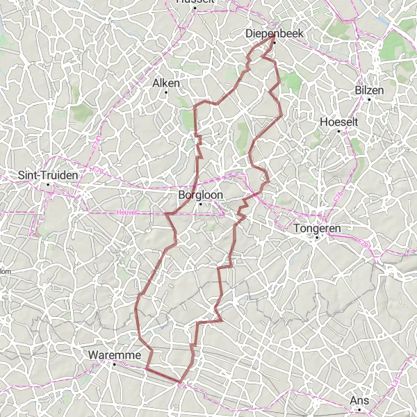 Miniature de la carte de l'inspiration cycliste "La Boucle Gravel des Paysages Naturels" dans la Prov. Limburg (BE), Belgium. Générée par le planificateur d'itinéraire cycliste Tarmacs.app