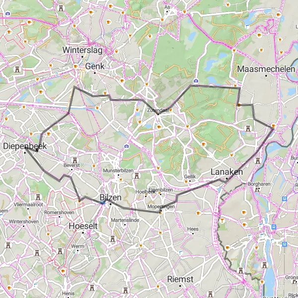 Map miniature of "Diepenbeek Road Route 1" cycling inspiration in Prov. Limburg (BE), Belgium. Generated by Tarmacs.app cycling route planner