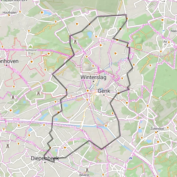 Map miniature of "Diepenbeek Road Route 2" cycling inspiration in Prov. Limburg (BE), Belgium. Generated by Tarmacs.app cycling route planner