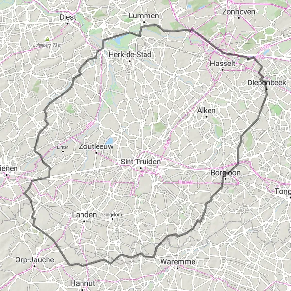 Miniature de la carte de l'inspiration cycliste "Le Tour des Châteaux et Paysages de la Campine" dans la Prov. Limburg (BE), Belgium. Générée par le planificateur d'itinéraire cycliste Tarmacs.app