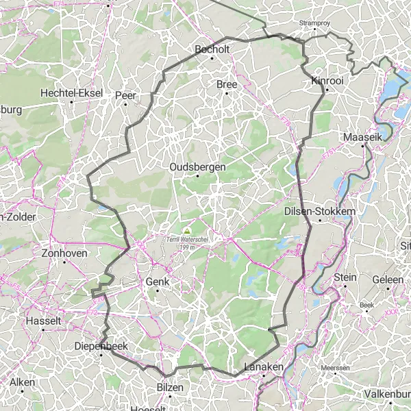 Map miniature of "Road Cycling Marathon" cycling inspiration in Prov. Limburg (BE), Belgium. Generated by Tarmacs.app cycling route planner