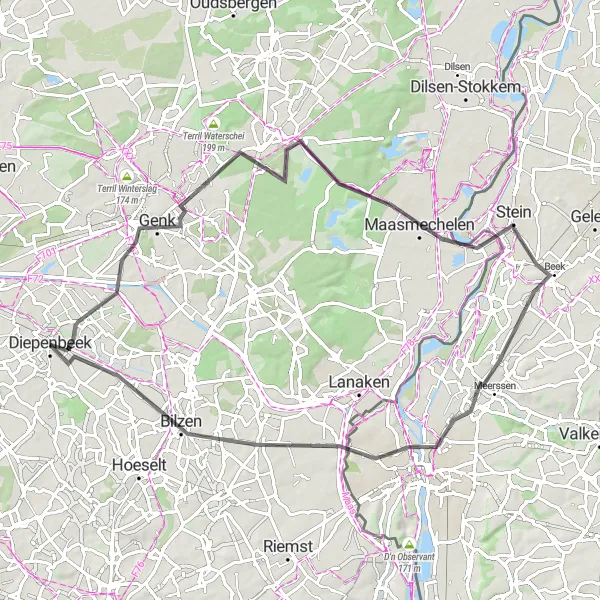 Karten-Miniaturansicht der Radinspiration "Rund um Genk und Maastricht" in Prov. Limburg (BE), Belgium. Erstellt vom Tarmacs.app-Routenplaner für Radtouren