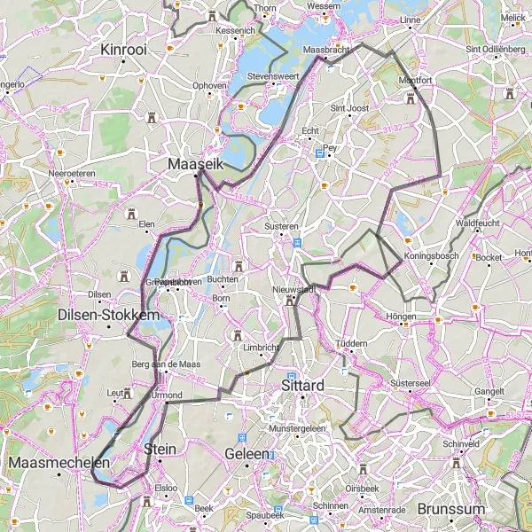 Karten-Miniaturansicht der Radinspiration "Radroute von Dilsen nach Maasbracht" in Prov. Limburg (BE), Belgium. Erstellt vom Tarmacs.app-Routenplaner für Radtouren