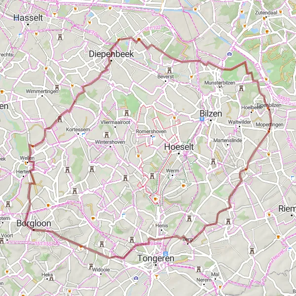 Map miniature of "Gravel Route from Eigenbilzen" cycling inspiration in Prov. Limburg (BE), Belgium. Generated by Tarmacs.app cycling route planner