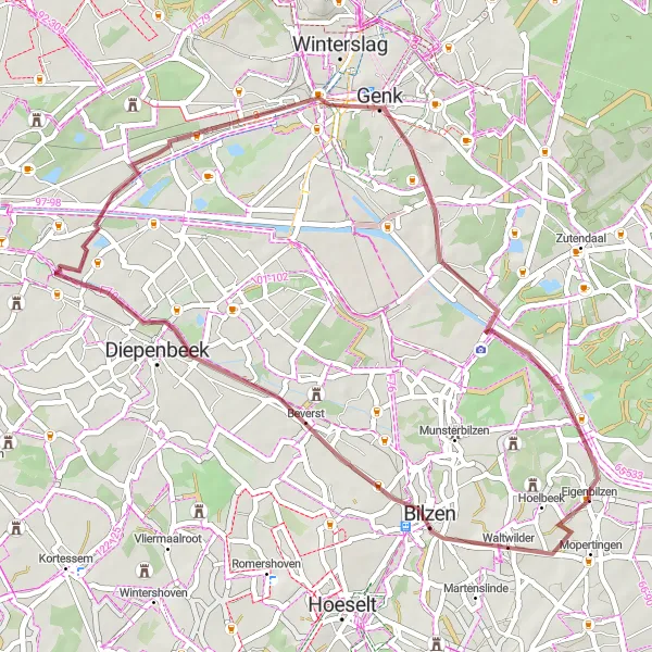 Map miniature of "Gravel Exporation near Eigenbilzen" cycling inspiration in Prov. Limburg (BE), Belgium. Generated by Tarmacs.app cycling route planner