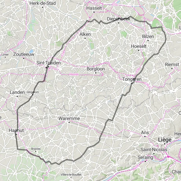 Map miniature of "Road Route from Eigenbilzen" cycling inspiration in Prov. Limburg (BE), Belgium. Generated by Tarmacs.app cycling route planner