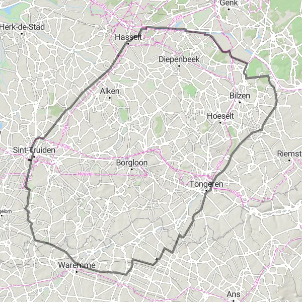 Map miniature of "Eigenbilzen to Kasteel Edelhof" cycling inspiration in Prov. Limburg (BE), Belgium. Generated by Tarmacs.app cycling route planner