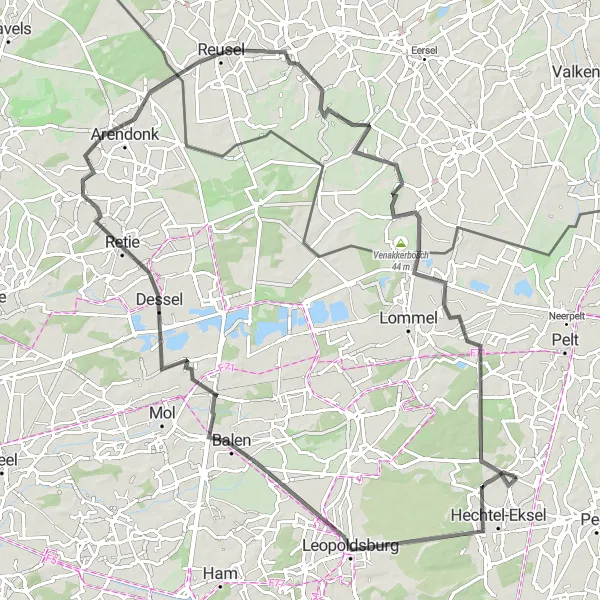 Map miniature of "Leopoldsburg and Luyksgestel Road Route" cycling inspiration in Prov. Limburg (BE), Belgium. Generated by Tarmacs.app cycling route planner