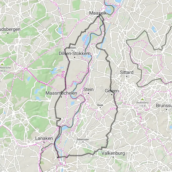 Miniatuurkaart van de fietsinspiratie "Maastricht en Maasvallei" in Prov. Limburg (BE), Belgium. Gemaakt door de Tarmacs.app fietsrouteplanner