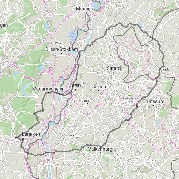 Miniature de la carte de l'inspiration cycliste "Parcours Routier à Travers Limburg" dans la Prov. Limburg (BE), Belgium. Générée par le planificateur d'itinéraire cycliste Tarmacs.app