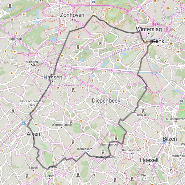 Map miniature of "Through the Green Countryside" cycling inspiration in Prov. Limburg (BE), Belgium. Generated by Tarmacs.app cycling route planner