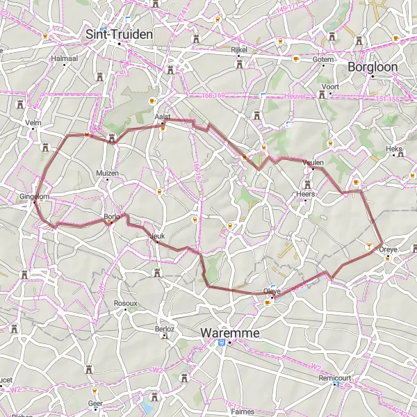 Map miniature of "Gingelom Gravel Loop" cycling inspiration in Prov. Limburg (BE), Belgium. Generated by Tarmacs.app cycling route planner
