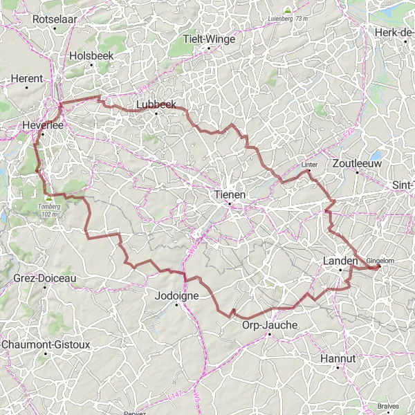 Map miniature of "Marilles to Gingelom Gravel Route" cycling inspiration in Prov. Limburg (BE), Belgium. Generated by Tarmacs.app cycling route planner