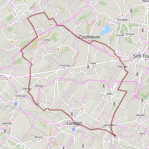 Map miniature of "Neerwinden to Gingelom Gravel Route" cycling inspiration in Prov. Limburg (BE), Belgium. Generated by Tarmacs.app cycling route planner