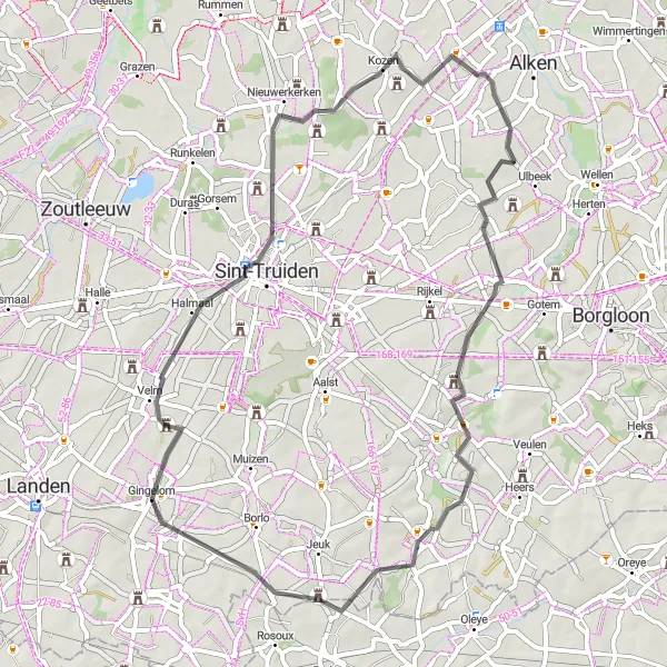 Map miniature of "Kasteel Peten to Gingelom Road Route" cycling inspiration in Prov. Limburg (BE), Belgium. Generated by Tarmacs.app cycling route planner