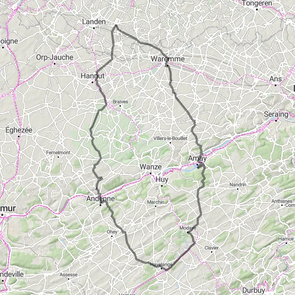 Miniatuurkaart van de fietsinspiratie "Uitdagende tocht naar Andenne en Villers-le-Peuplier" in Prov. Limburg (BE), Belgium. Gemaakt door de Tarmacs.app fietsrouteplanner