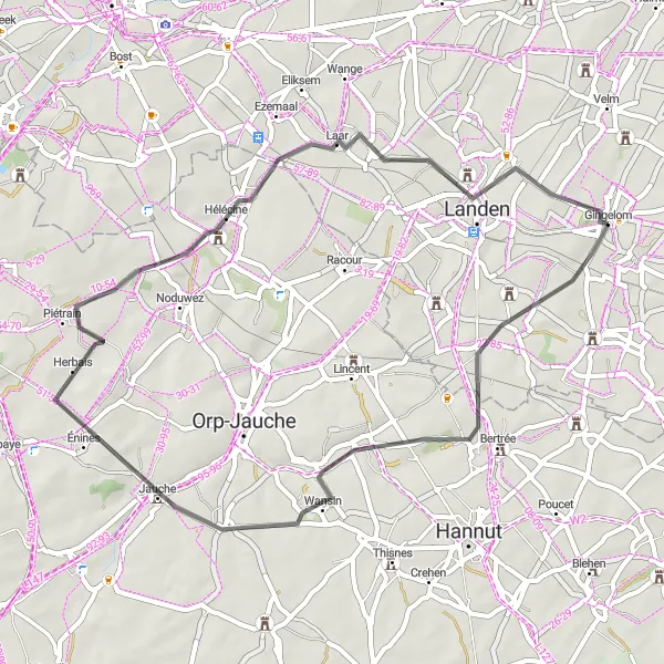 Map miniature of "Gingelom Countryside Ride" cycling inspiration in Prov. Limburg (BE), Belgium. Generated by Tarmacs.app cycling route planner