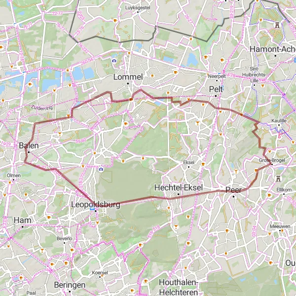 Map miniature of "Brogel - Peer Gravel Route" cycling inspiration in Prov. Limburg (BE), Belgium. Generated by Tarmacs.app cycling route planner