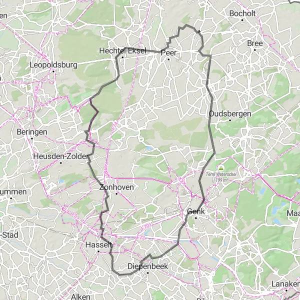 Map miniature of "The Ultimate Road Cycling Experience" cycling inspiration in Prov. Limburg (BE), Belgium. Generated by Tarmacs.app cycling route planner