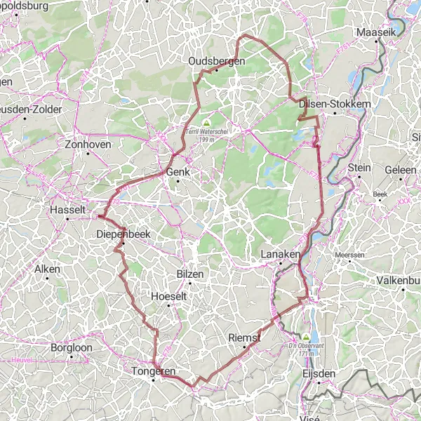 Map miniature of "Gravel Paths and Nature" cycling inspiration in Prov. Limburg (BE), Belgium. Generated by Tarmacs.app cycling route planner