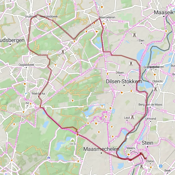 Karten-Miniaturansicht der Radinspiration "Gravelabenteuer im Maasland" in Prov. Limburg (BE), Belgium. Erstellt vom Tarmacs.app-Routenplaner für Radtouren