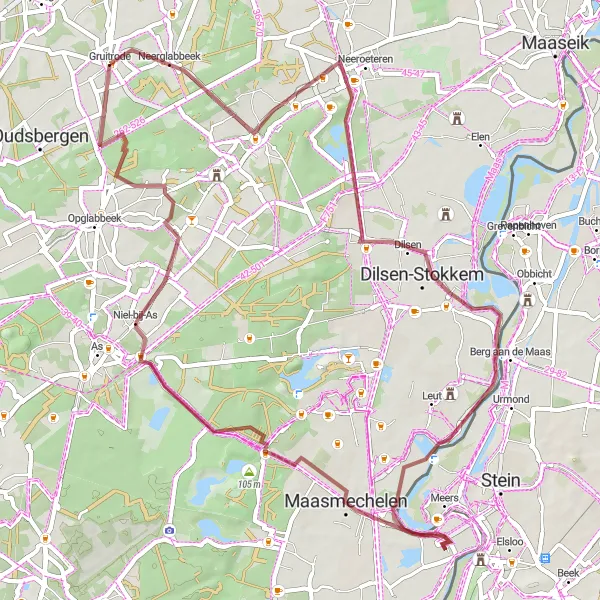 Miniature de la carte de l'inspiration cycliste "Exploration des tours de la région autour de Gruitrode" dans la Prov. Limburg (BE), Belgium. Générée par le planificateur d'itinéraire cycliste Tarmacs.app