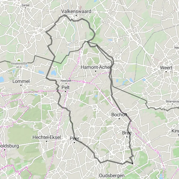 Map miniature of "Challenging Road Cycling: Gruitrode and Beyond" cycling inspiration in Prov. Limburg (BE), Belgium. Generated by Tarmacs.app cycling route planner