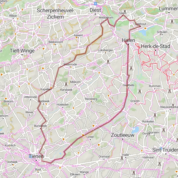 Miniature de la carte de l'inspiration cycliste "Aventure en gravel" dans la Prov. Limburg (BE), Belgium. Générée par le planificateur d'itinéraire cycliste Tarmacs.app