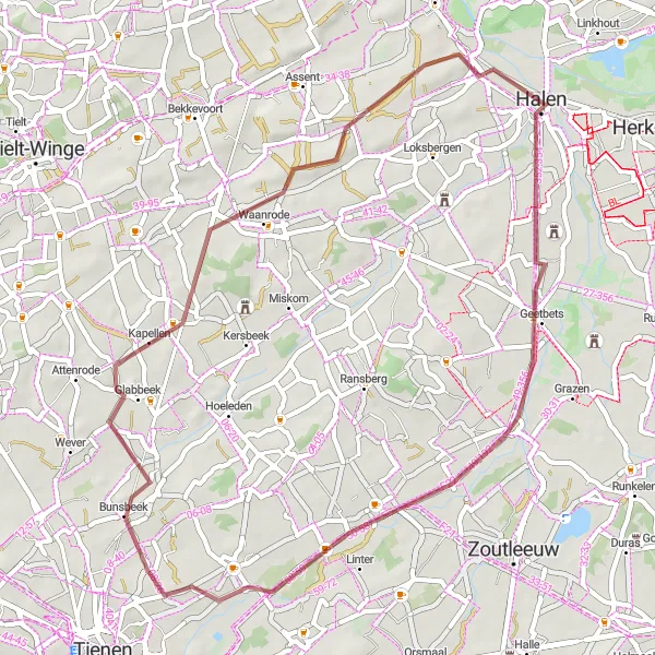 Miniatuurkaart van de fietsinspiratie "Glooiende gravelroute van Halen naar Glabbeek" in Prov. Limburg (BE), Belgium. Gemaakt door de Tarmacs.app fietsrouteplanner