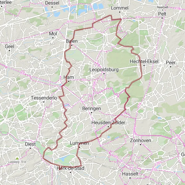 Karten-Miniaturansicht der Radinspiration "Gravel-Tour durch Hechtel und Lummen" in Prov. Limburg (BE), Belgium. Erstellt vom Tarmacs.app-Routenplaner für Radtouren