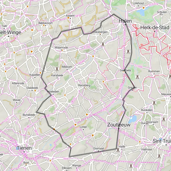 Map miniature of "Halen Road Challenge" cycling inspiration in Prov. Limburg (BE), Belgium. Generated by Tarmacs.app cycling route planner