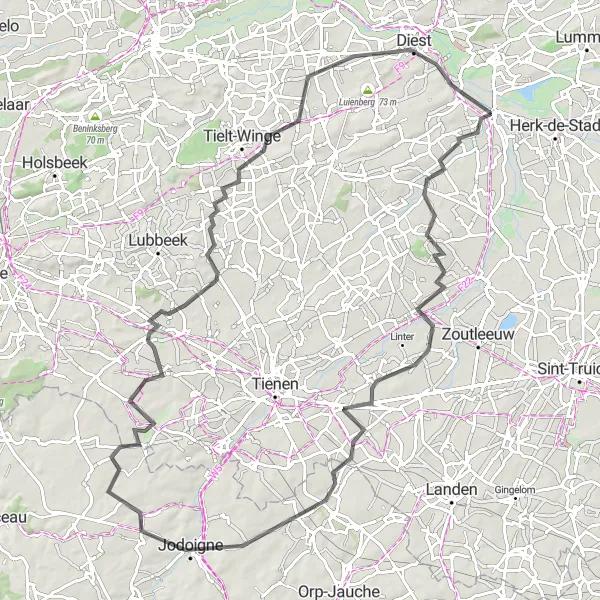 Karten-Miniaturansicht der Radinspiration "Herausfordernde Straßentour um Scherpenheuvel-Zichem" in Prov. Limburg (BE), Belgium. Erstellt vom Tarmacs.app-Routenplaner für Radtouren