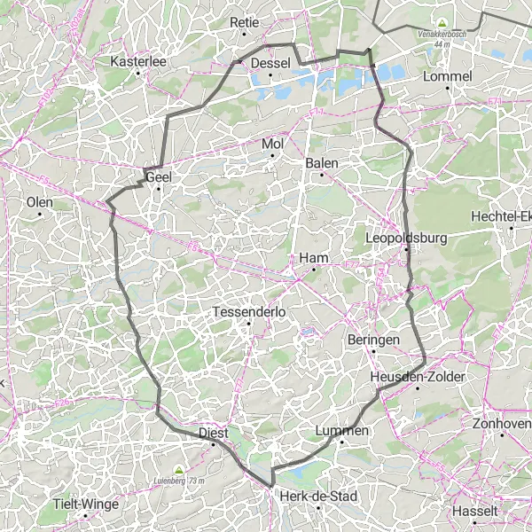 Miniatuurkaart van de fietsinspiratie "Fietsroute door Limburgse Kempen" in Prov. Limburg (BE), Belgium. Gemaakt door de Tarmacs.app fietsrouteplanner