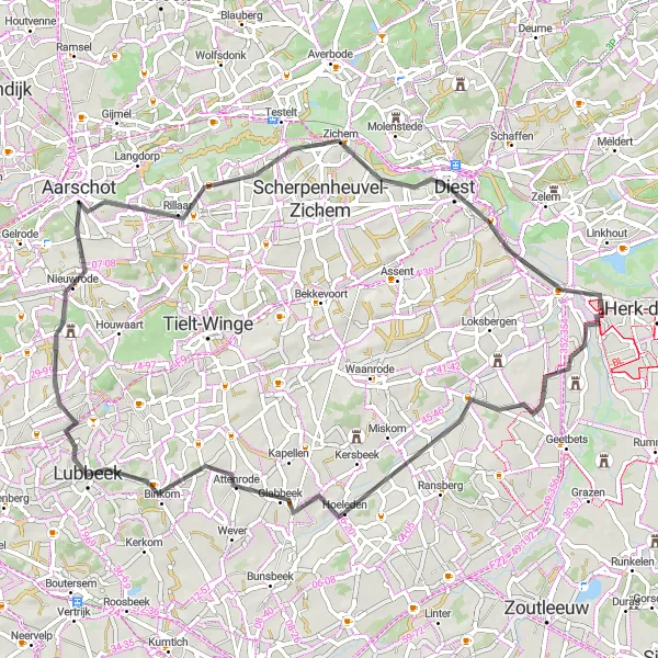 Karten-Miniaturansicht der Radinspiration "Rundfahrt durch Kortenaken, Lubbeek und Diest" in Prov. Limburg (BE), Belgium. Erstellt vom Tarmacs.app-Routenplaner für Radtouren