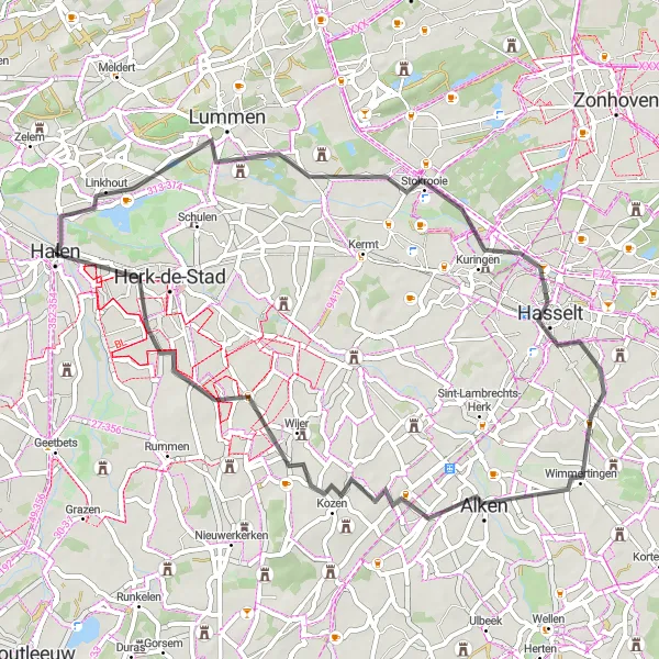 Map miniature of "Lummen and the Albert Canal" cycling inspiration in Prov. Limburg (BE), Belgium. Generated by Tarmacs.app cycling route planner