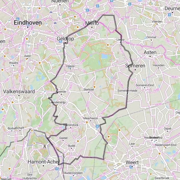 Map miniature of "Hamont-Leenderstrijp-Schietberg-Someren-Heide-Hamont" cycling inspiration in Prov. Limburg (BE), Belgium. Generated by Tarmacs.app cycling route planner