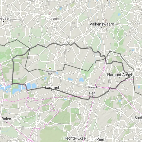 Miniature de la carte de l'inspiration cycliste "Parcours routier à travers les paysages variés de Hamont" dans la Prov. Limburg (BE), Belgium. Générée par le planificateur d'itinéraire cycliste Tarmacs.app