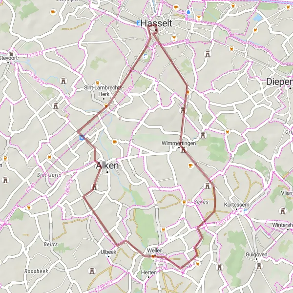 Map miniature of "Gravel Ride in Hasselt and Surroundings" cycling inspiration in Prov. Limburg (BE), Belgium. Generated by Tarmacs.app cycling route planner